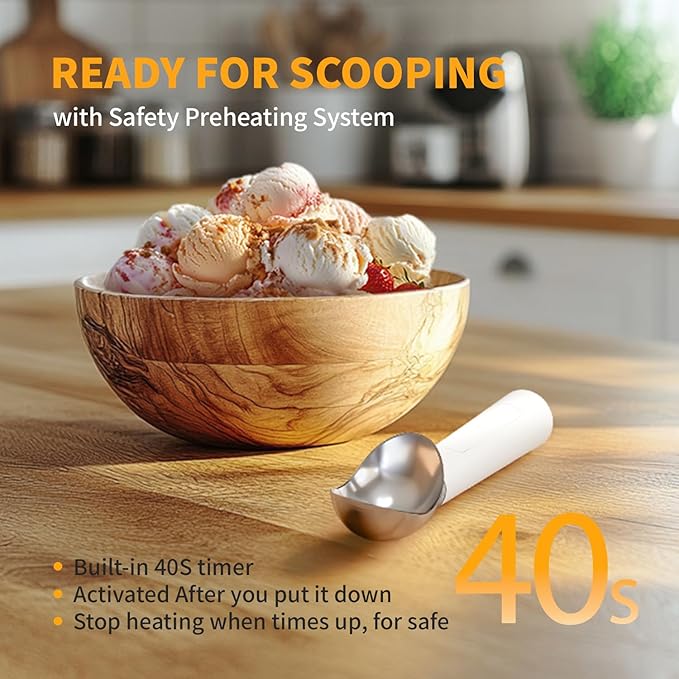 Heated Ice Cream Scoop, Rechargeable Electric Scooper for Hard IceCream, Self Warming Spoon Max to 158℉, Rust-Proof, anti freeze handle, Easy to Clean