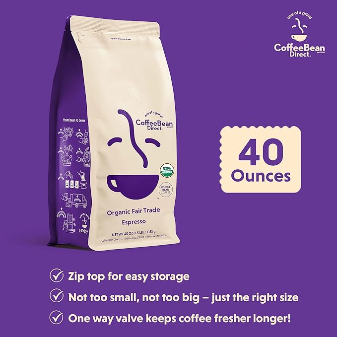 Coffee Bean Direct Organic Fair Trade Espresso, Whole Bean Coffee, Dark Roast, 2.5 Pound Bag (Pack of 1)