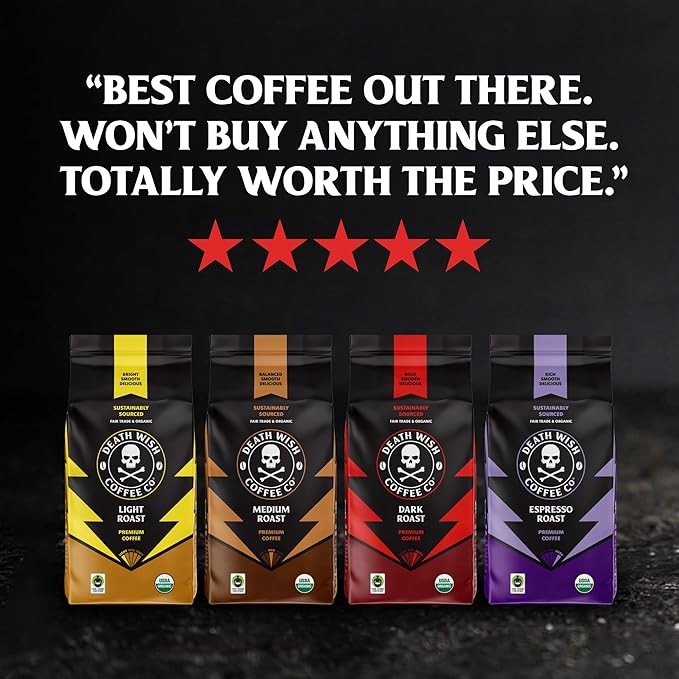 Death Wish Coffee, Organic and Fair Trade Espresso Roast Ground Coffee, 14 ounce (Pack of 1)