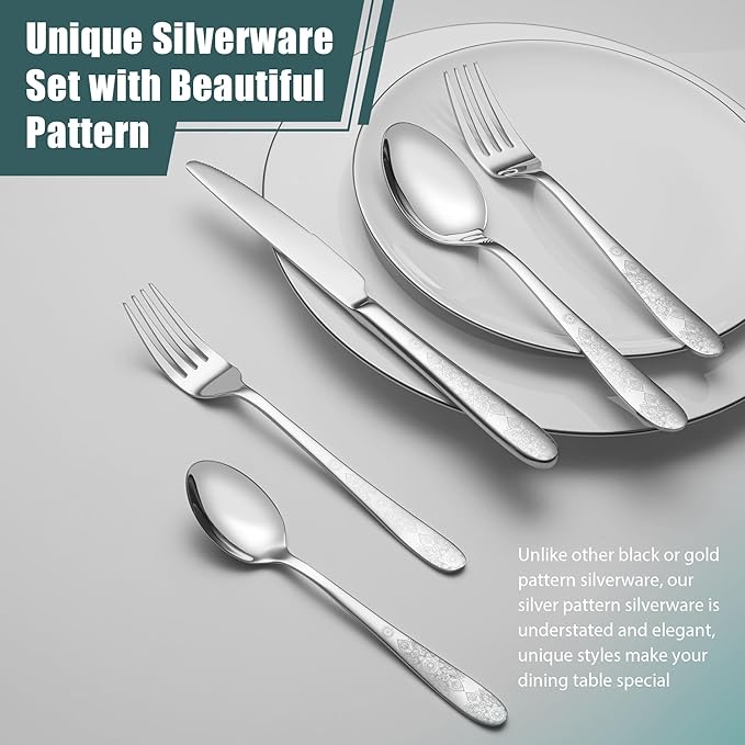 40 Piece Flatware Set, Service for 8, EIUBUIE Premium Stainless Steel Cutlery Set, Mirror Polished Silverware Sets with Pattern Handle, Modern Kitchen Eating Utensils Sets
