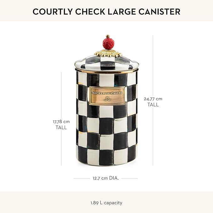 MACKENZIE-CHILDS Large Enamel Canister, Kitchen Storage Container for Flour and Sugar, 1.89 Liters, Black-and-White Courtly Check