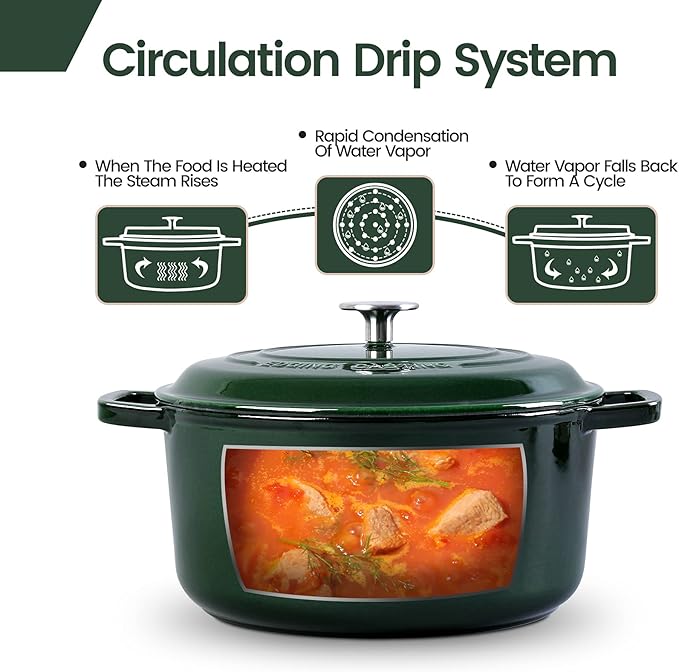 Enameled Cast Iron Dutch Oven Pot With Lid, Dutch Oven for Sourdough Bread Baking Round Pot Dule Handle, 6 Quart, Green