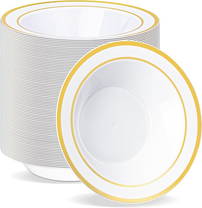 BESTVIP 100 Pack Plastic Bowls with Gold Rim, 12 oz Disposable Soup Bowls, Heavy-duty Dessert Salad Bowl for Party, Wedding, Christmas, Thanksgiving, Dinner, Catering