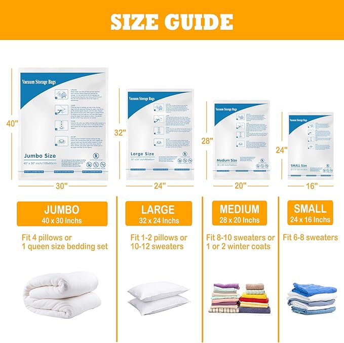 Vacuum Storage Bags 8 Medium, Space Saver Sealer Bags, Plastic Packaging Bags,Airtight Compression Bags for Clothes, Pillows, Comforters, Blankets, Bedding