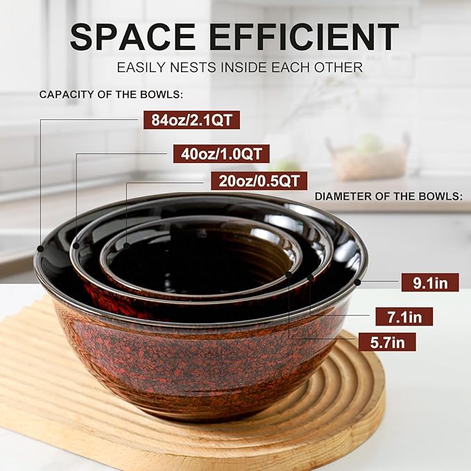 Hasense Ceramic Mixing Bowls, Large Serving Dishes Set of 3 for Cooking, Baking, Prepping, Porcelain Nesting Bowls for Salads, Fruit, Popcorn, Cereal, 2.1/1.0/0.5 Qt, Dishwasher & Microwave Safe, Red