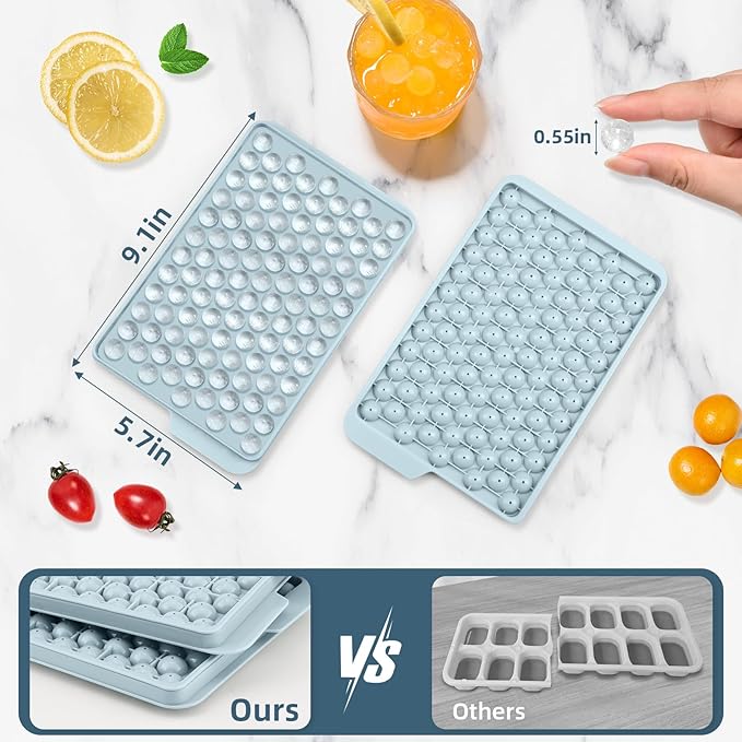 WIBIMEN Mini Ice Cube Trays, Small Tiny Round Pebble Crushed Nugget Ice Trays for Freezer with Lid - Chilling Drinks Coffee Juice(4 Pack/0.55In - Blue)
