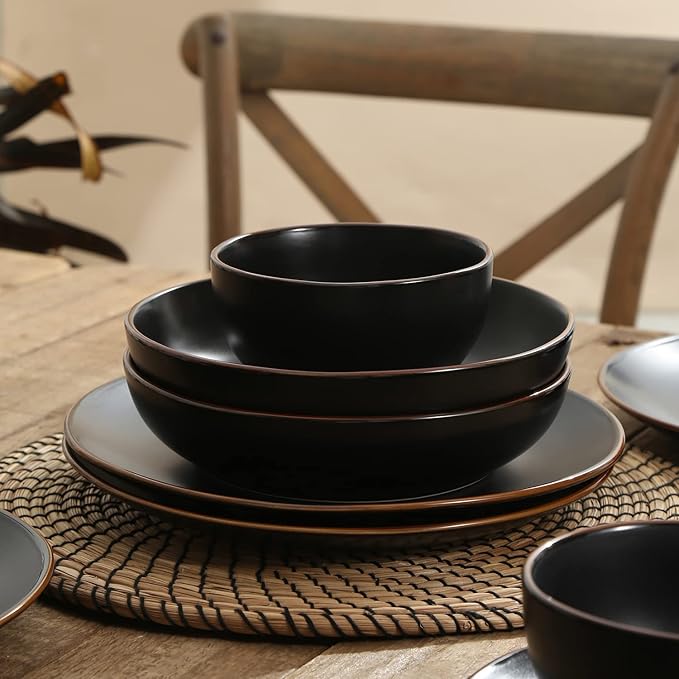 Stone Lain Brasa Modern Stoneware 16 Piece Dinnerware Sets, Plates and bowls Sets, Dish Set for 4, Black