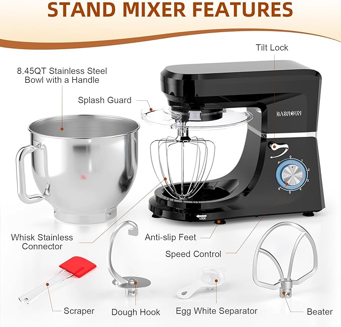 Dough Mixer 8.45 QT Electric Mixer - 660W 6 Speed Large Capacity Kitchen Stand Mixer with Whisk Dough Hook Mixing Beater Household Food Mixer for Baking Cakes Cookie Bread Salad (Black)