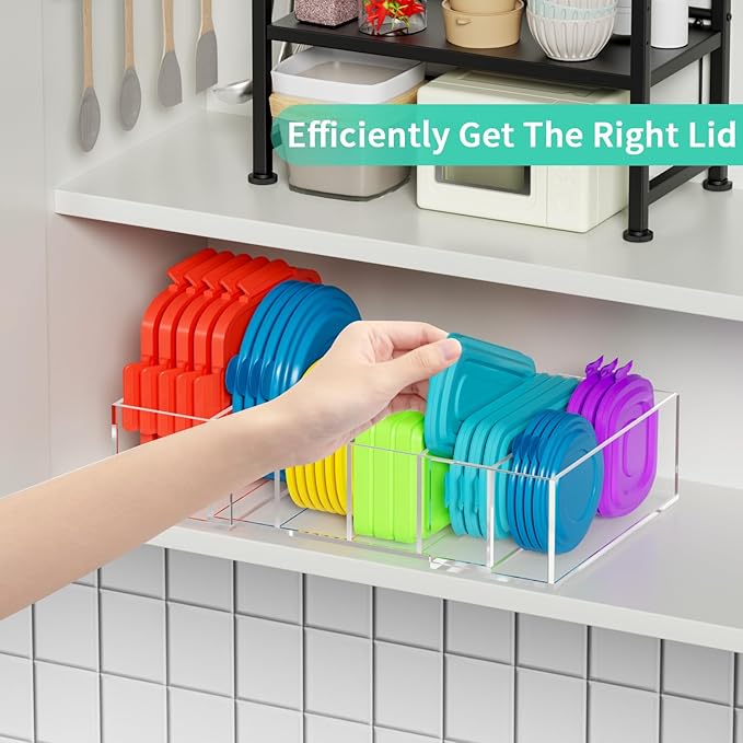 Expandable Lid Storage Organizer: Kitchen Food Container Lids Organizer for Cabinet - Acrylic Extra Large 10-18" Food Storage Container Holder for Cabinets Cupboards Pantry Drawer