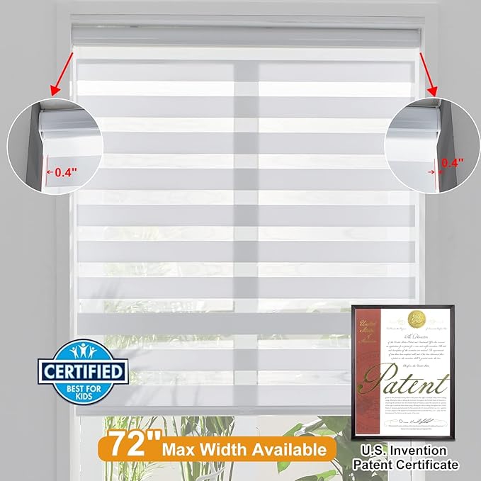 Persilux Cordless Zebra Blinds for Windows Dual Layer Roller Blinds (66"W x 64"H, White) Free-Stop Roller Blinds for Sliding Doors, Light Control for Day and Night, Light Filtering Sheer Roller Shades