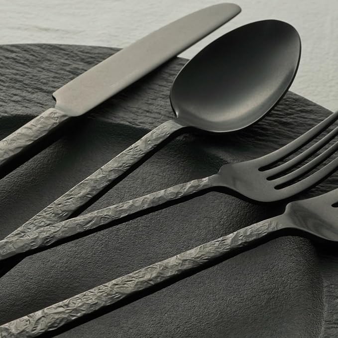 KINGSTONE 20 Pcs Black Hammered Silverware Set for 4, 18/10 Stainless Steel Heavy Duty Flatware Set, Tableware Cutlery Utensil Sets for Home Restaurant Dishwasher Safe