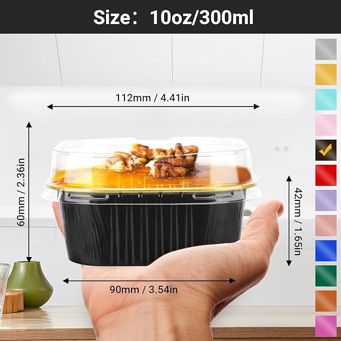 EUSOAR Disposable Ramekins with Lids, 10oz 100pcs Black Gold Aluminum Foil Baking Cups Tins Liners for Pie Quiche Soufflé Creme Brulee, Cake Pan Custard Cups Set for Gathering Dinner Wedding Banquets