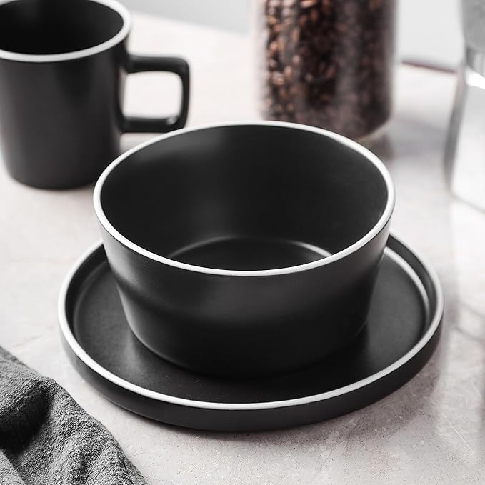 Stone Lain Allison Stoneware Dish Set, 32-Piece Round Dishes for 8, Black and White