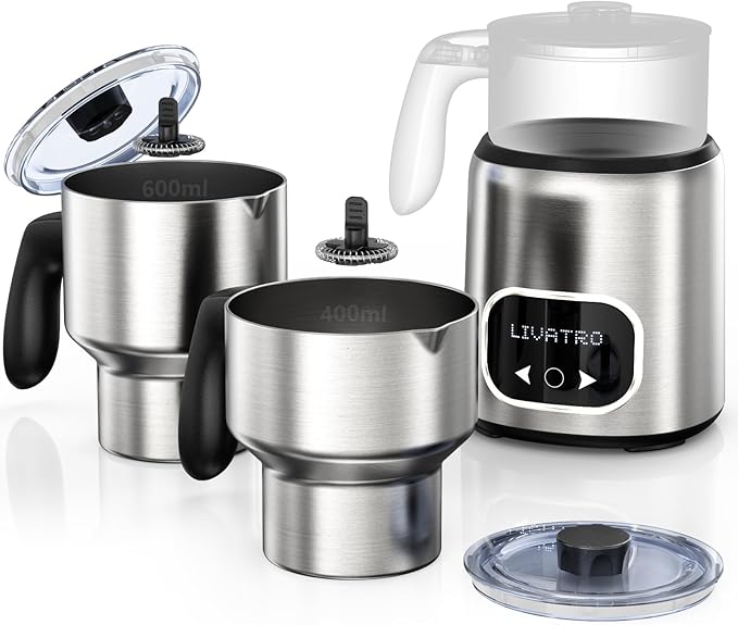 14-in-1 Electric Milk Frother and Steamer with Dual Detachable Cups (21oz & 13.5oz), IH Fast Heating Milk Warmer for Lattes/Cappuccinos/Hot Chocolate, Smart Memory, Dishwasher Safe