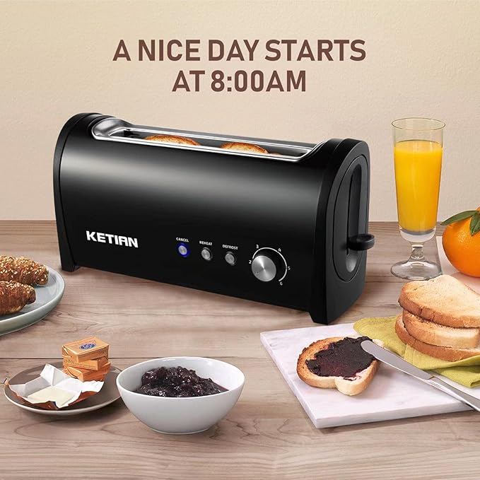 Long Slot Toaster 2 Slice,Cancel Reheat Defrost Functions,Removable Crumb Tray,6 Browning Settings,Extra Wide Long Slots,Stainless Steel,Black