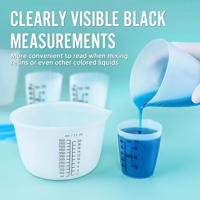 Silicone Resin Mixing Measuring Cups for Resin Supplies, Easy-to-read Marks, 600ml/20oz Bowl, 250&100ml Thickened Reusable Silicone Cups for Epoxy Mixing, with Stir Sticks, Jewelry Making