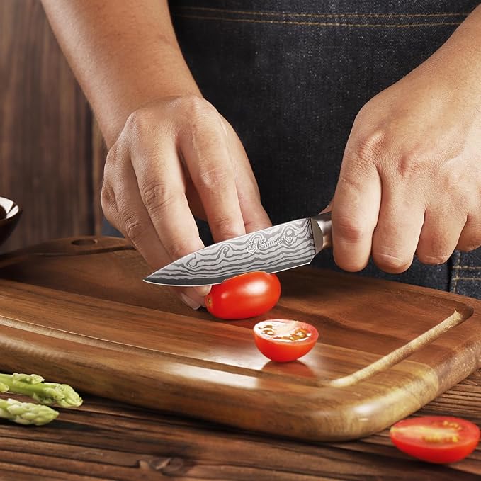Sunnecko Small Kitchen Knife 3.5 Inch Paring Knife High Carbon Stainless Steel Fruit Knife with Wood Handle, Sharp Knife for Cutting Tomatoes with Gift Box
