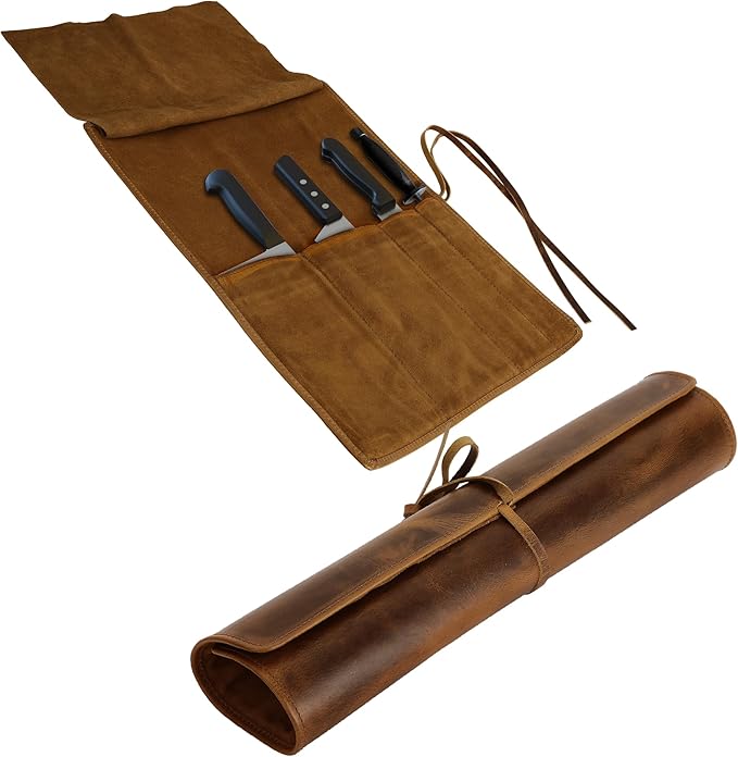 ELIZO Leather Knife Roll Bag Professional Chef Knife Case, Durable Knife Sheath Holder, Cooks & Culinary Tools Carrying Storage, Portable Knife Wrap - 4 Slots