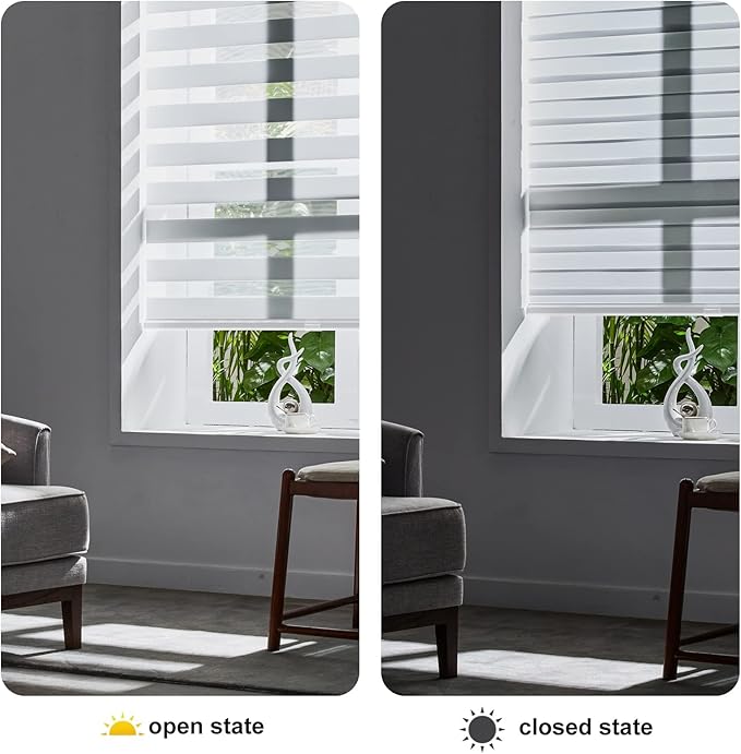 Persilux Zebra Blinds Cordless, Zebra Roller Shades for Windows (61" W x 72" H, White) Light Filtering Day and Night Window Drapes Sheer Shades for Home, Bedroom and Sliding Door Easy to Install