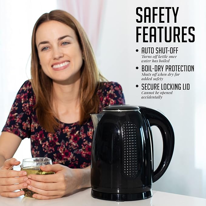 OVENTE Electric Kettle, 1.7L Double Wall Stainless Steel Insulated Water Boiler & Heater for Coffee or Tea, 1100W Fast Boiling with Auto Shut-Off, Boil-Dry Protection & Secure Locking Lid, Black KD64B