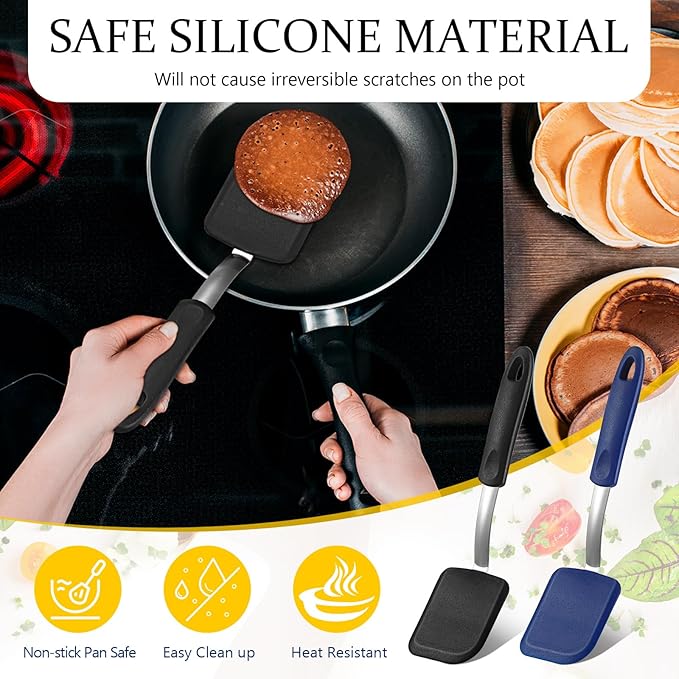 Silicone Cookie Spatula Turner 2 Pack Mini Brownie Spatula Flexible Kitchen Small Silicone Turner for Nonstick Cookware Heat Resistant No Scratch Flipper for Egg Pancake(Black,Blue)