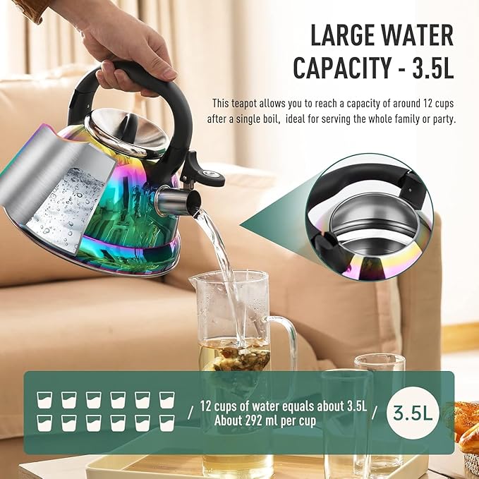 Tea Kettle, Kettle 3.7QT, Tea Pot Whistling 316 Stainless Steel, Tea Kettle Stovetop with Cool Folding Handle, Kettle Teapot Rainbow Induction for Boiling Water, Mirror Finish