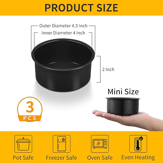 P&P CHEF 4 Inch Cake Pan Set of 3, Non-Stick Round Cake Pans Tins for Tier Smash Cakes, Baking Pans Set & Essential Bakeware, Stainless Steel Core & Leak-Proof