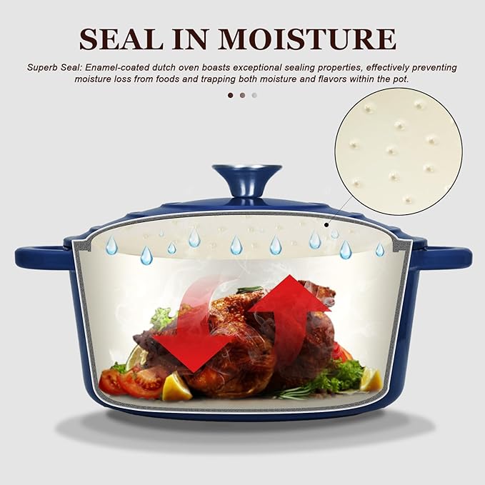 Overmont Enameled Cast Iron Dutch Oven - 5.5QT Pot with Lid Cookbook & Cotton Potholders - Heavy-Duty Cookware for Braising, Stews, Roasting, Bread Baking Indigo Blue