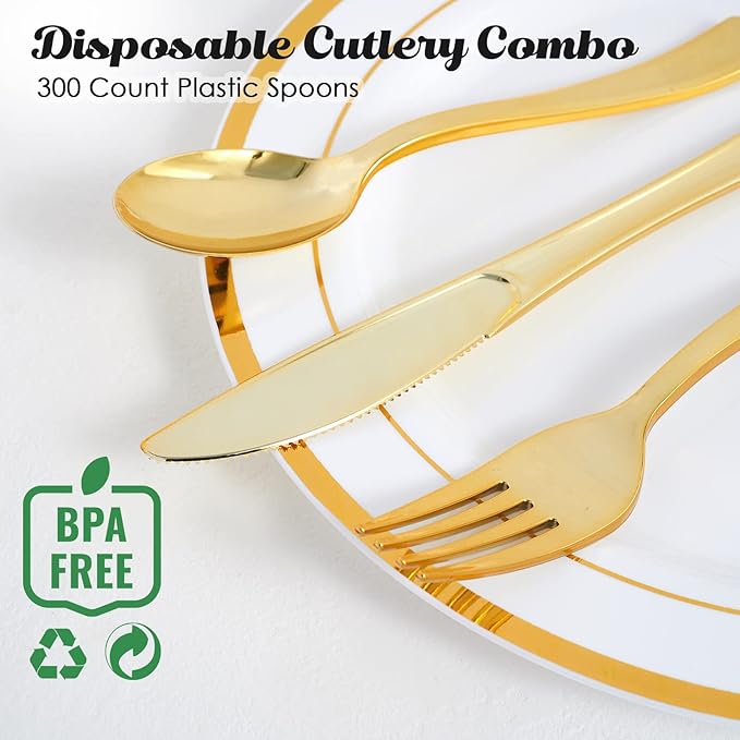 FOCUSLINE 300 Pack 6.8" Disposable Gold Plastic Spoons, Solid and Durable Plastic Cutlery Spoons, Heavy Duty Disposable Utensil Silverware for Catering, Parties, Dinners, Weddings