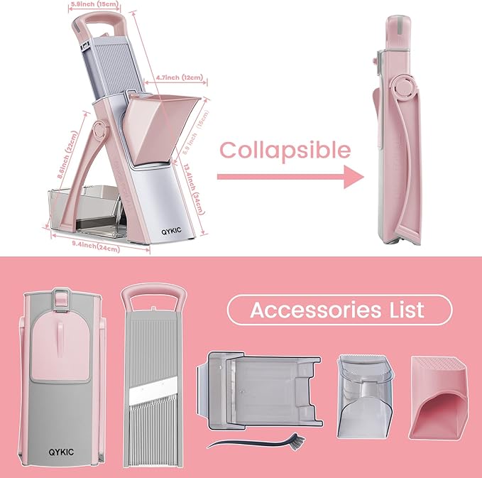 Upgrade Safe Mandoline Slicer for Kitchen, Chopper Vegetable Cutter, Potato Slicer Thickness Adjuster, French Fry Cutter, Veggie Dicer Faster Kitchen Mandolin for Meal Prep (Pink)