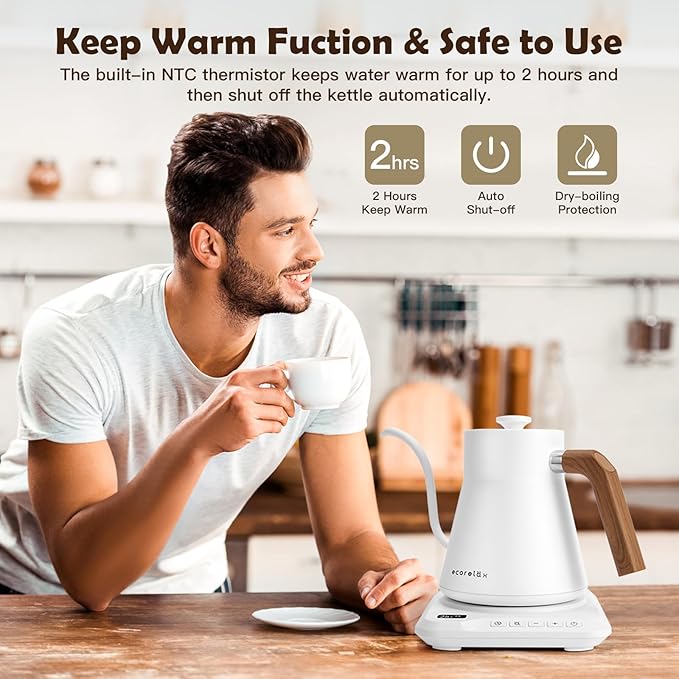 ECORELAX Gooseneck Electric Kettle, ±1℉ Temperature Control Pour Over Kettle for Coffee, Tea & Water, Stainless Steel 1200 W Keep Warm OLED Display 1 L (White)