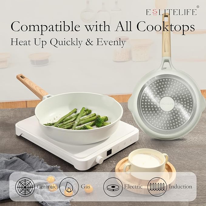 ESLITE LIFE Nonstick Ceramic Frying Pan Skillet with Lid, Non-Toxic Egg Omelette Kitchen Cooking Pans Compatible with All Stovetops (Gas, Electric & Induction), PTFE & PFOA Free (White, 9.5" w/Lid)