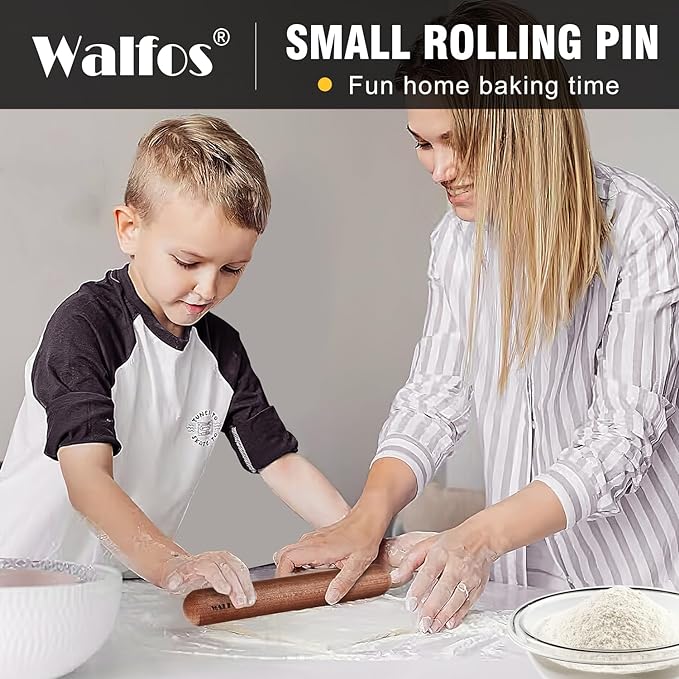 Walfos Mini Rolling Pin Set - Small Natural Wooden Rolling Pins, Baking Dough Roller for Pizza, Pie, Pasta, Bread, Pastry, No Coating (8inch)