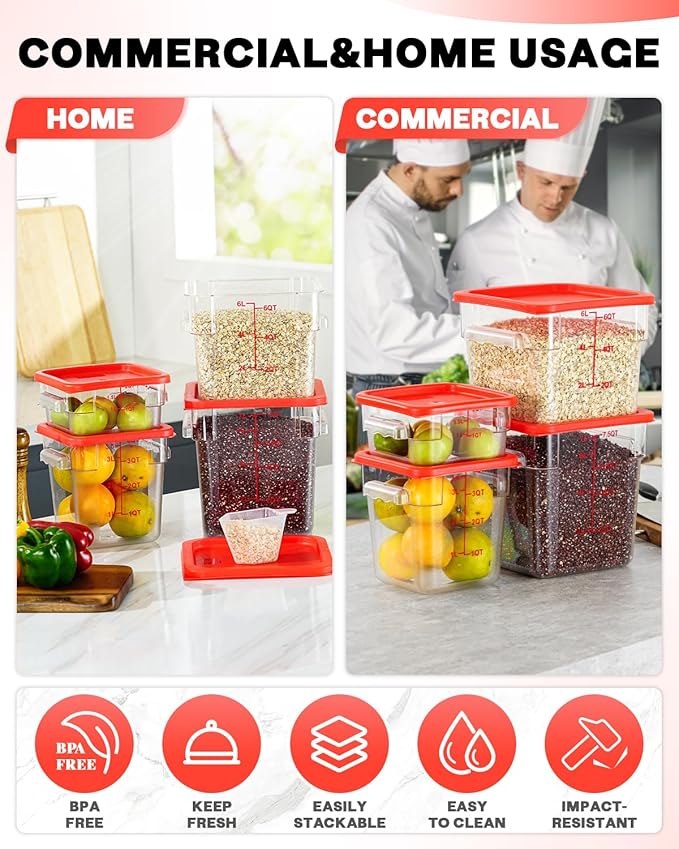 4QT NSF Food Storage Containers: 8 PCS [Food Grade][Hot&Cold Resistant] Commercial Clear Food Storage Containers with Lids for Restaurant Kitchen Proof Dough, Measuring Spoons Included(Red)