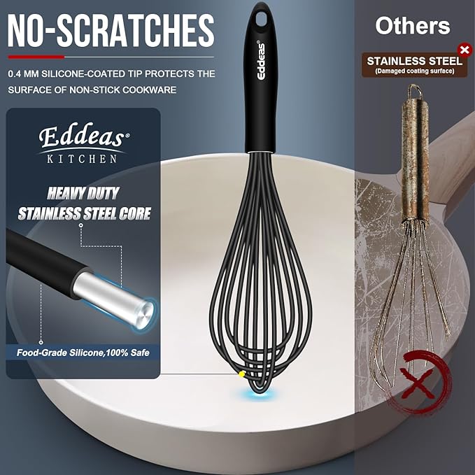Silicone Whisk - Non Scratch Whisks for Cooking, 500°F Heat Resistant Siliocne Wisk tool, Heavy Duty Kitchen Whisks, for Blending, Beating, set of 4 (5+7+9+11 inch) Black