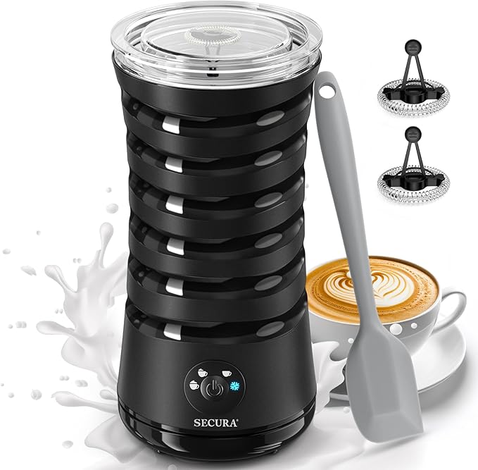 Secura Electric Milk Frother, Automatic Milk Steamer, 4-IN-1 Hot & Cold Foam Maker-8.4oz/240ml Milk Warmer for Latte, Cappuccinos, Macchiato with Silicone Spatula, Quiet Operation & Shut-off (Black)