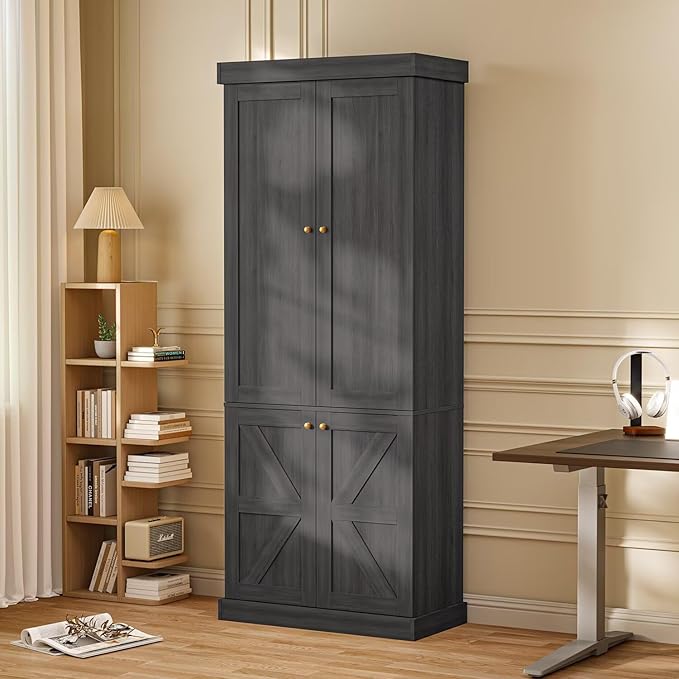 70.8" Tall Bookshelf with Doors, Farmhouse Modular Bookcase with 4-Tier Adjustable Shelves, Large Storage Cabinet for Home Office, Living Room, Black, Set of 3