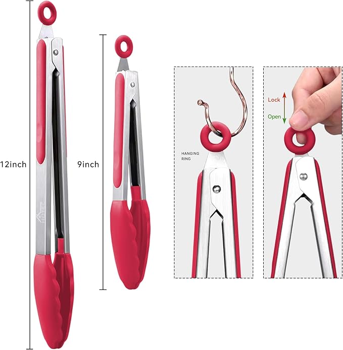 HOTEC Premium Stainless Steel Locking Kitchen Tongs with Silicon Tips, Set of 2-9" and 12"(Red)
