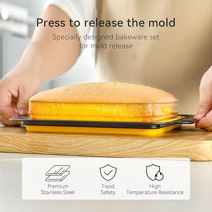 8 Piece Nonstick Baking Pans, Silicone Bakeware Set with Press to Release Design, Oven Mitts, Spatula & Brush Flexible, Stackable, BPA Free, Dishwasher & Oven Safe, Yellow
