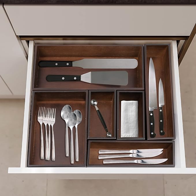 Bamboo Drawer Organizer - Kitchen Utensil Organizer Silverware Tray Cutlery Holder，Office Desk Supplies and Accessories,8.9 * 3 * 2.6,Nut-brown