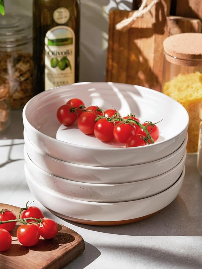DOWAN 8.5" Pasta Bowls Set of 4 with Sesame Glaze Finish, 30oz Shallow White Ceramic Dinner Bowls, Wide Bowl Plates for Pasta, Salad, Soup & Stew, Microwave & Dishwasher Safe, Housewarming Gift