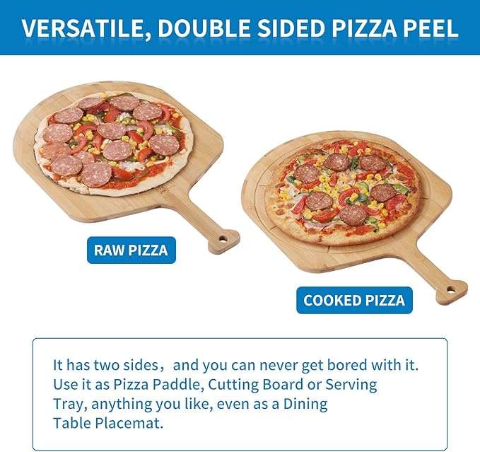 12” Bamboo Pizza Peel - Lightweight Smooth Wooden Pizza Paddle and Pizza Cutting Board with 8 Slice Grooves, Outdoor Pizza Oven Accessories, 17.3 Inch x 12.2 Inch
