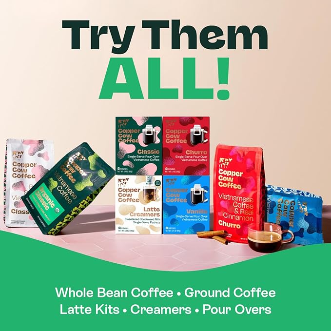 Copper Cow Coffee Pour Over Vietnamese Coffee Pouches + Sweetened Condensed Milk Creamers (8 Coffees & 8 Milk Creamers) | Churro Lattes, No Refrigeration Needed, Travel Friendly