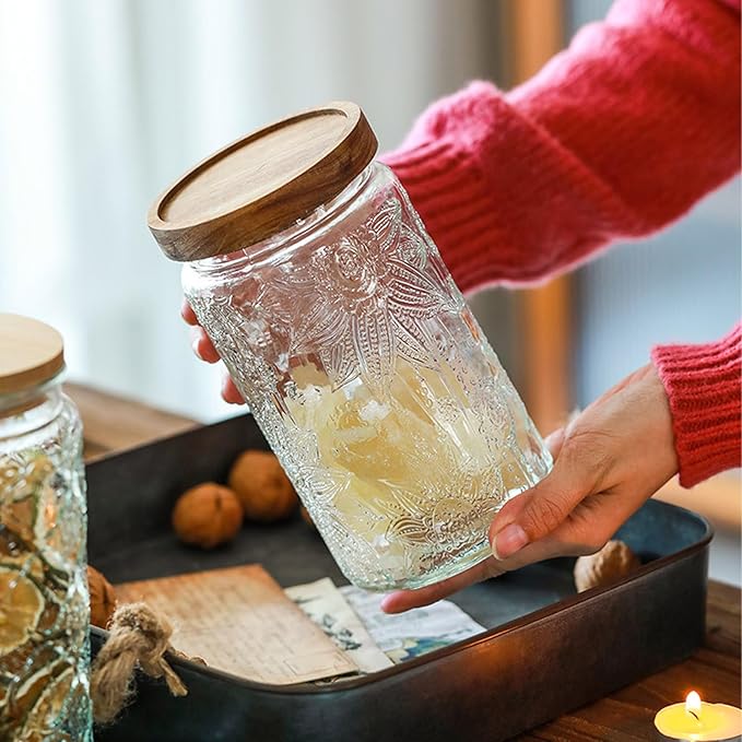 34 OZ Glass Storage Jar with Airtight Bamboo Wooden Lids, Vintage Food Containers Canisters Sets for Kitchen Counter Pantry, Sugar, Flour, Candy, Tea, Coffee Beans, Oats, Grain Bin, Pasta, Cereal