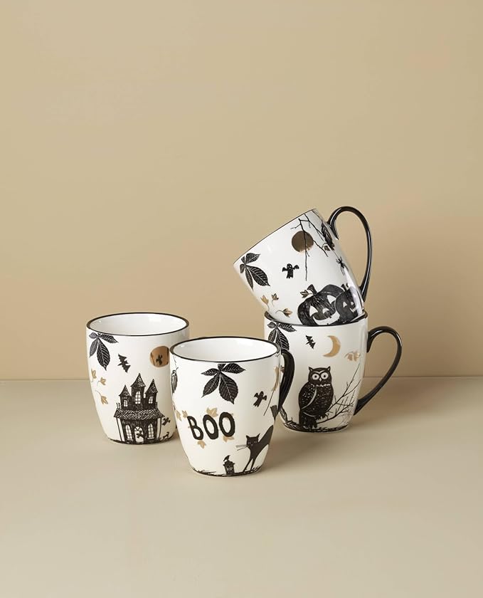 Lenox Coffee Mugs, Vintage Haunted Halloween 12 Oz Mugs Set of 4, Porcelain, Assorted Drinkware Set, Spooky Fall Decor, Dishwasher Safe, Microwave Safe, Halloween Decor Indoor (White/Black 4 Piece)