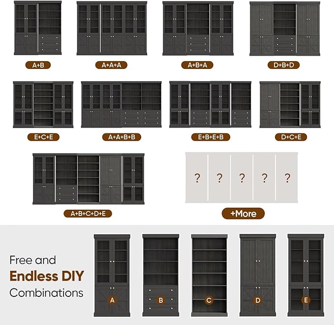 70.8" Tall Farmhouse Bookshelf, Modular Bookcase with Glass Doors, 6-Tier Adjustable Shelves, Large Storage Cabinet for Kitchen, Living Room, Black, Set of 3
