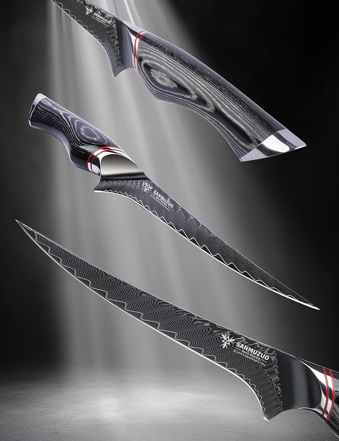 7 Inch Fillet Knife - Professional Kitchen Boning Knife - Black Damascus Steel with Ergonomic Handle - MIAO Series
