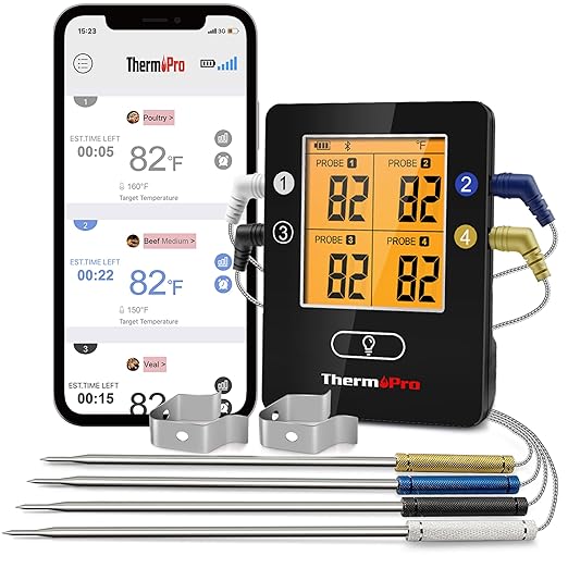ThermoPro TP25 650FT Bluetooth Meat Thermometer with 4-Probes, Smart Rechargeable Wireless Meat Thermometer for Grilling, Smoker, Oven, Kitchen, BBQ Thermometer with Alarm, Temperature Graph, Black