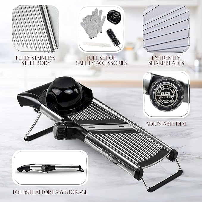 Gramercy Adjustable Mandoline Food Slicer, Mandoline Slicer for Kitchen, Mandolin, Potato, Tomato, Carrot, Vegetable, Fruit and Onion Cutter - Stainless Steel - INCLUDING 1 Pair Cut-Resistant Gloves