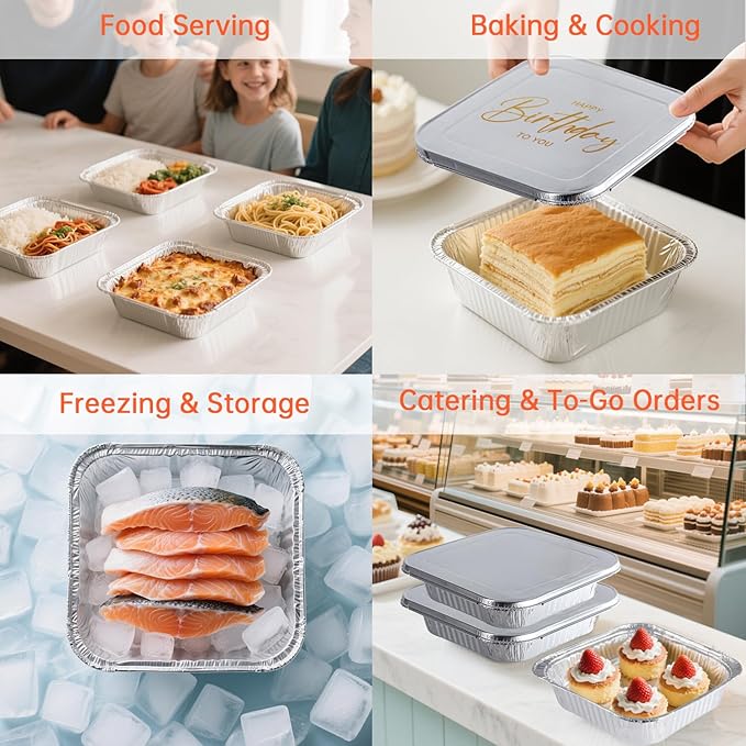 8x8 Aluminum Pans with Lids - 10 Pack Disposable Baking Pans, Heavy Duty Tin Foil Pans with Lids for Cake Baking, Cooking, Heating, Storing, Prepping Food